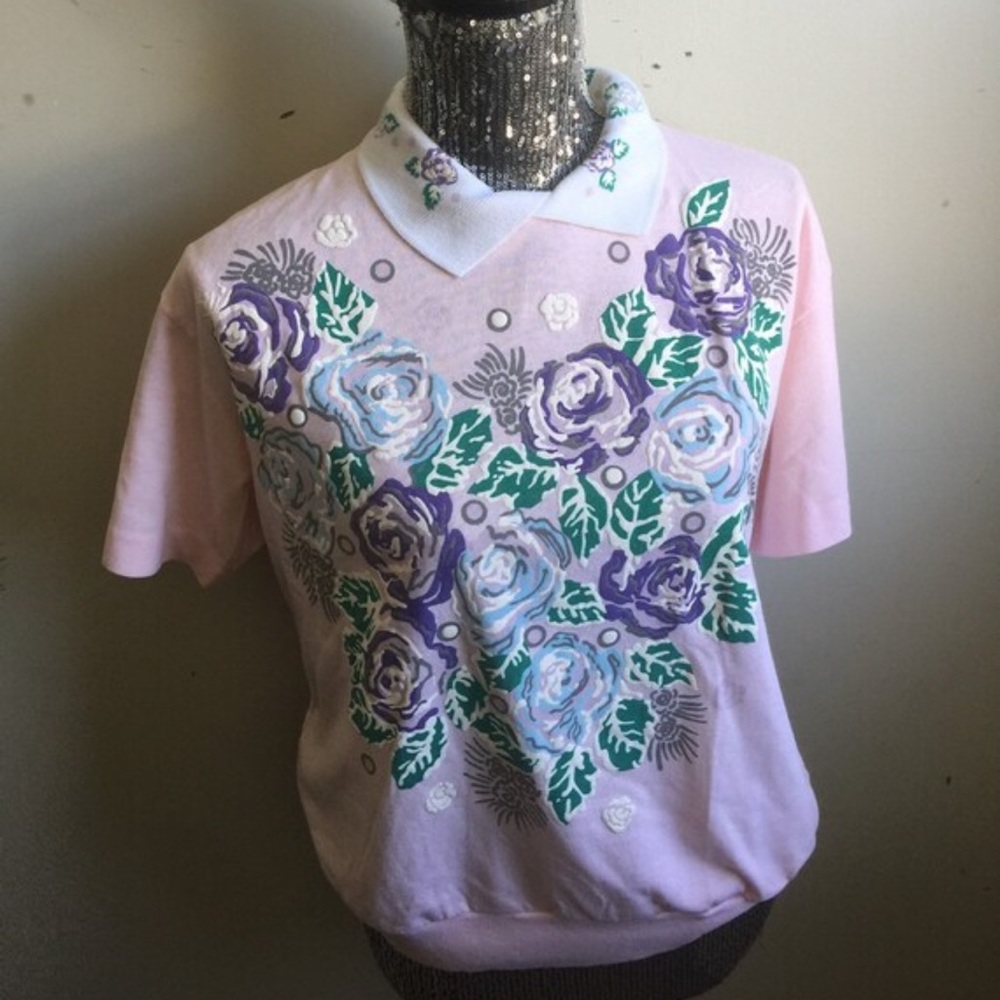 Vintage Blair 90s Polo Collared Pink Floral Spring Tee Shirt Top